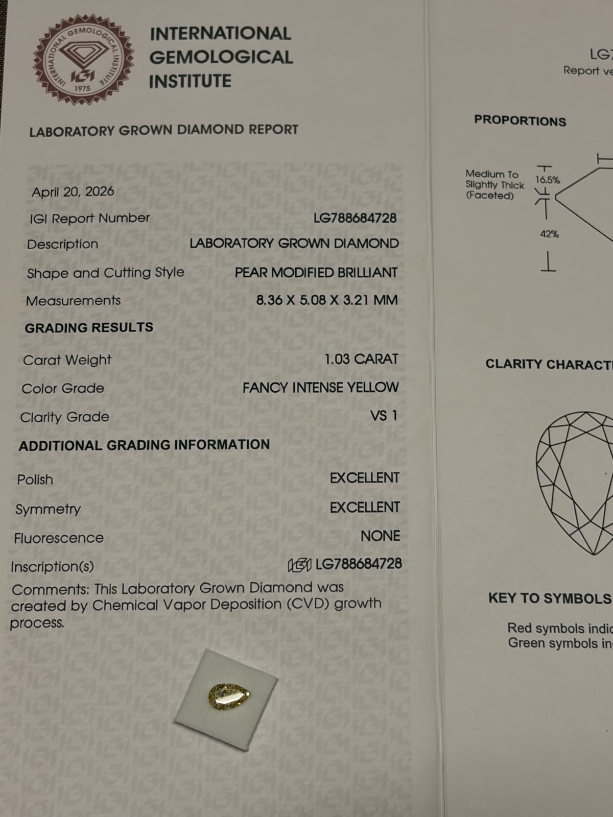 IGI certified 1.03 Carat Fancy Intense Yellow Pear VS1 Loose lab grown diamond