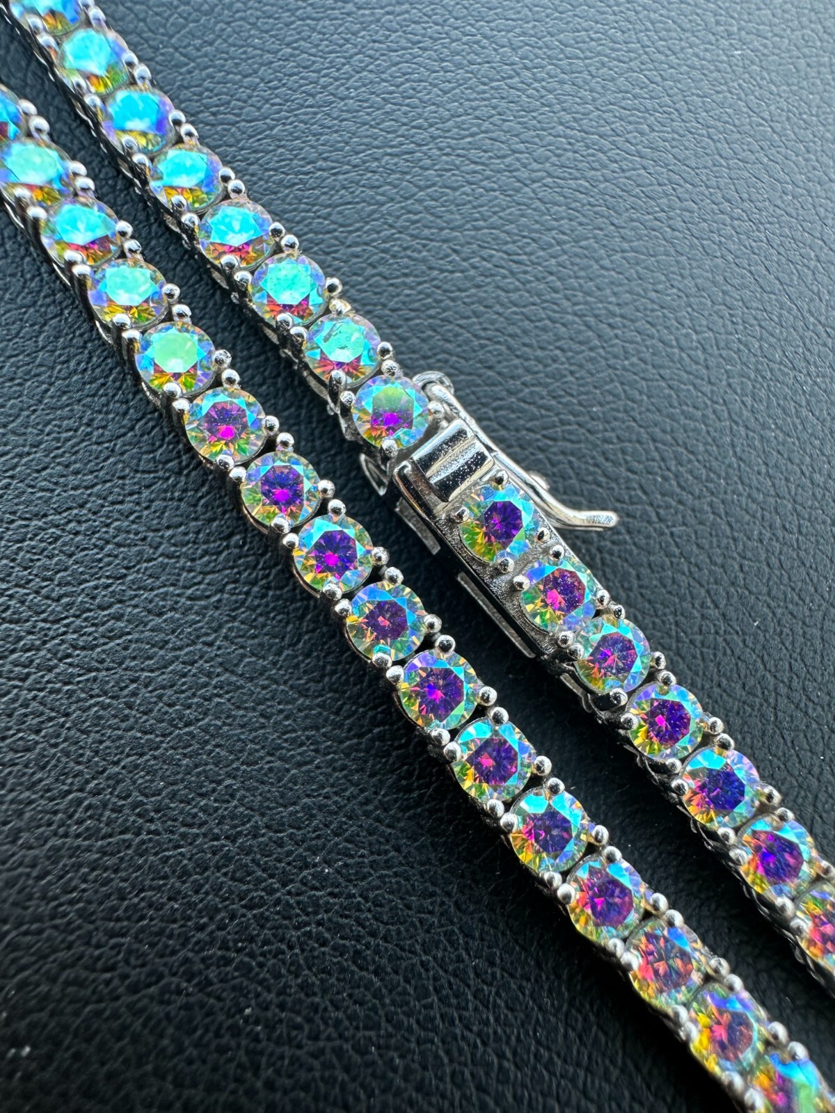 Real Opal Rainbow MOISSANITE 3mm Tennis Chain 925 Silver Iced Necklace Pass Test