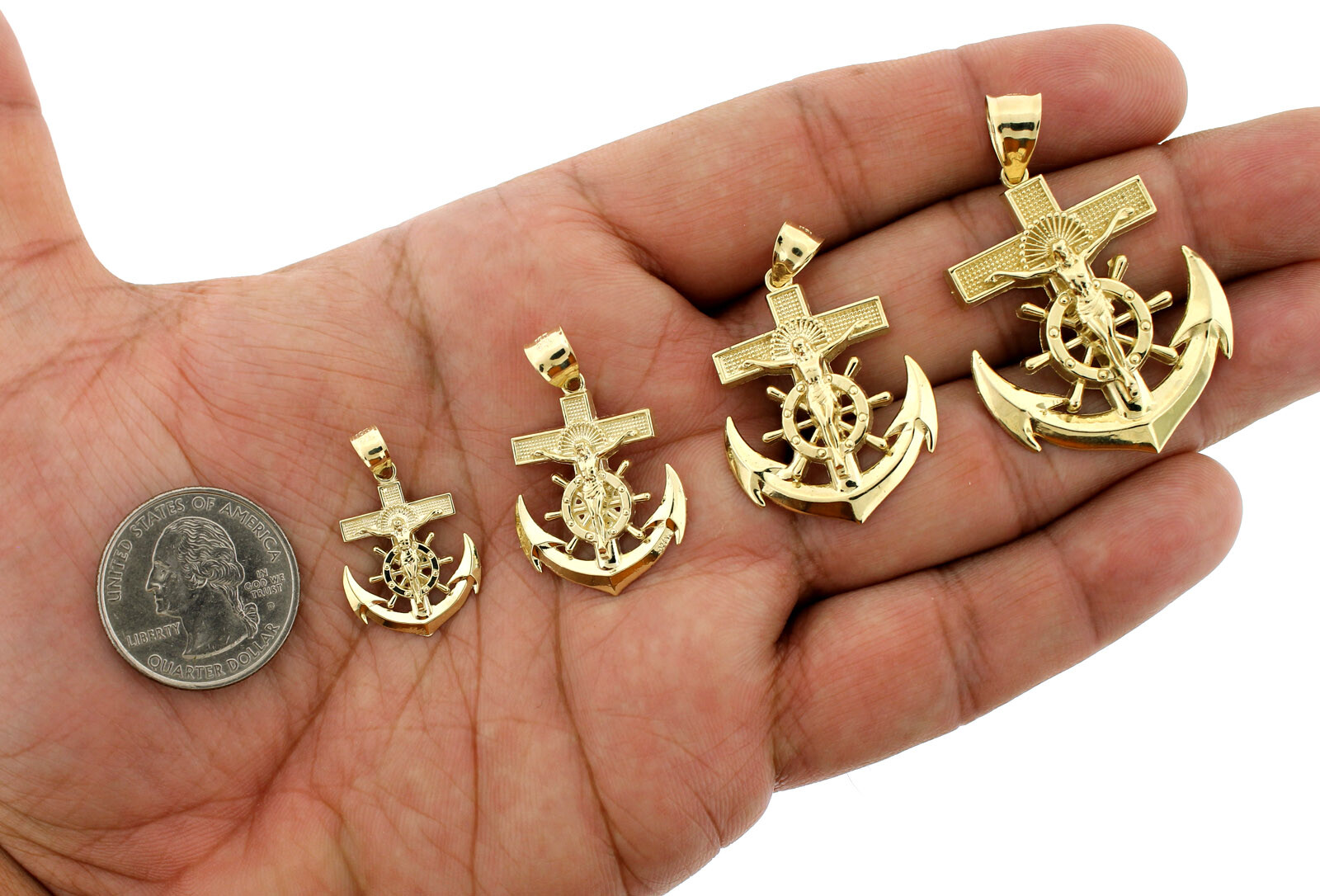 Real 10K Yellow Gold Diamond Cut Jesus Crucifix Anchor Cross Pendant – 4 Sizes