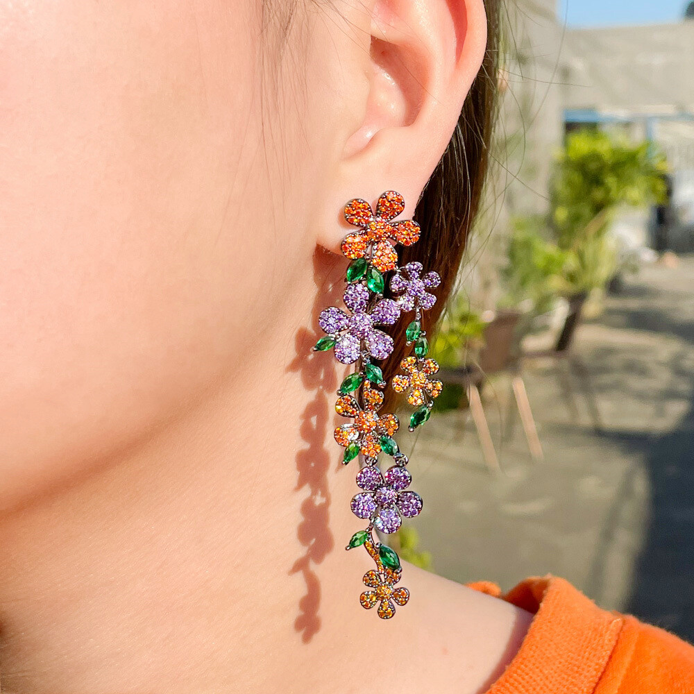 Elegant Black Gold Plated Long Flower Chandelier Dangle Cubic Zirconia Earrings