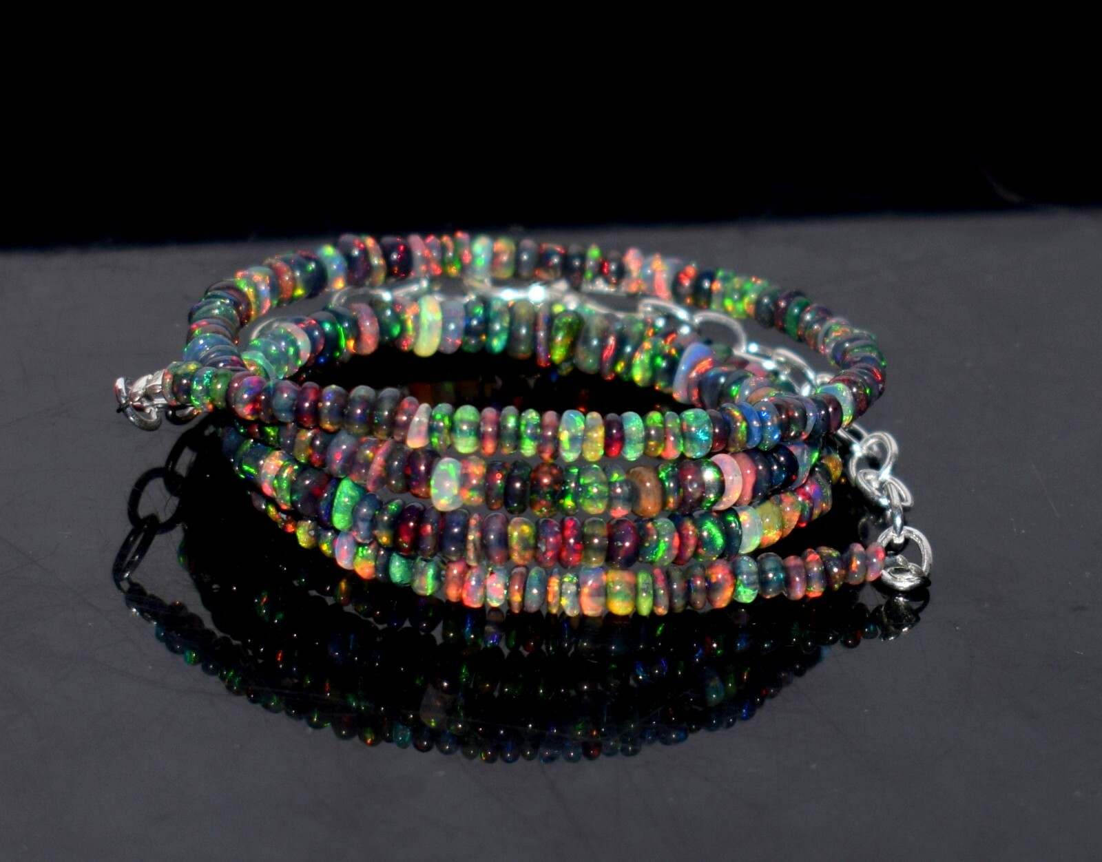 20″Natural Ethiopian Black Opal Wello Fire Opal Gemstone Bead Necklace 34 Crt