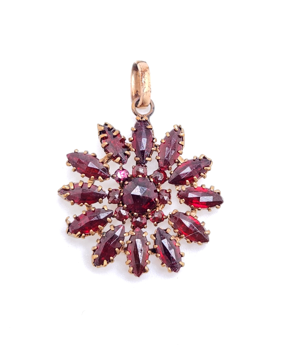Vintage Gilt Metal Bohemian Red Glass Stone Starburst Floral Pendant 1 3/8″ Tall