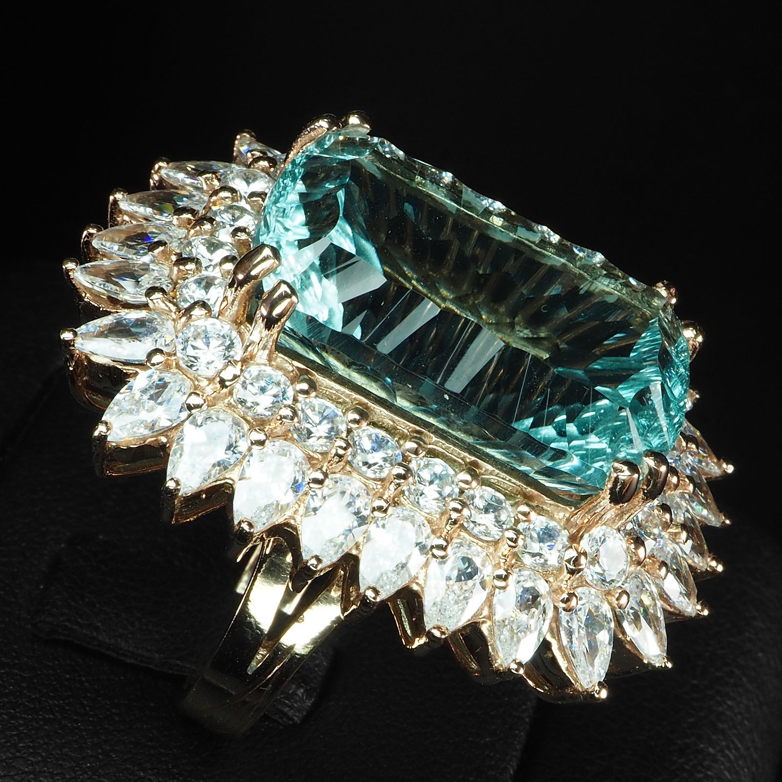 Concave Sky Blue Aquamarine 23.10Ct 925 Sterling Silver Rose Gold Rings Size 7