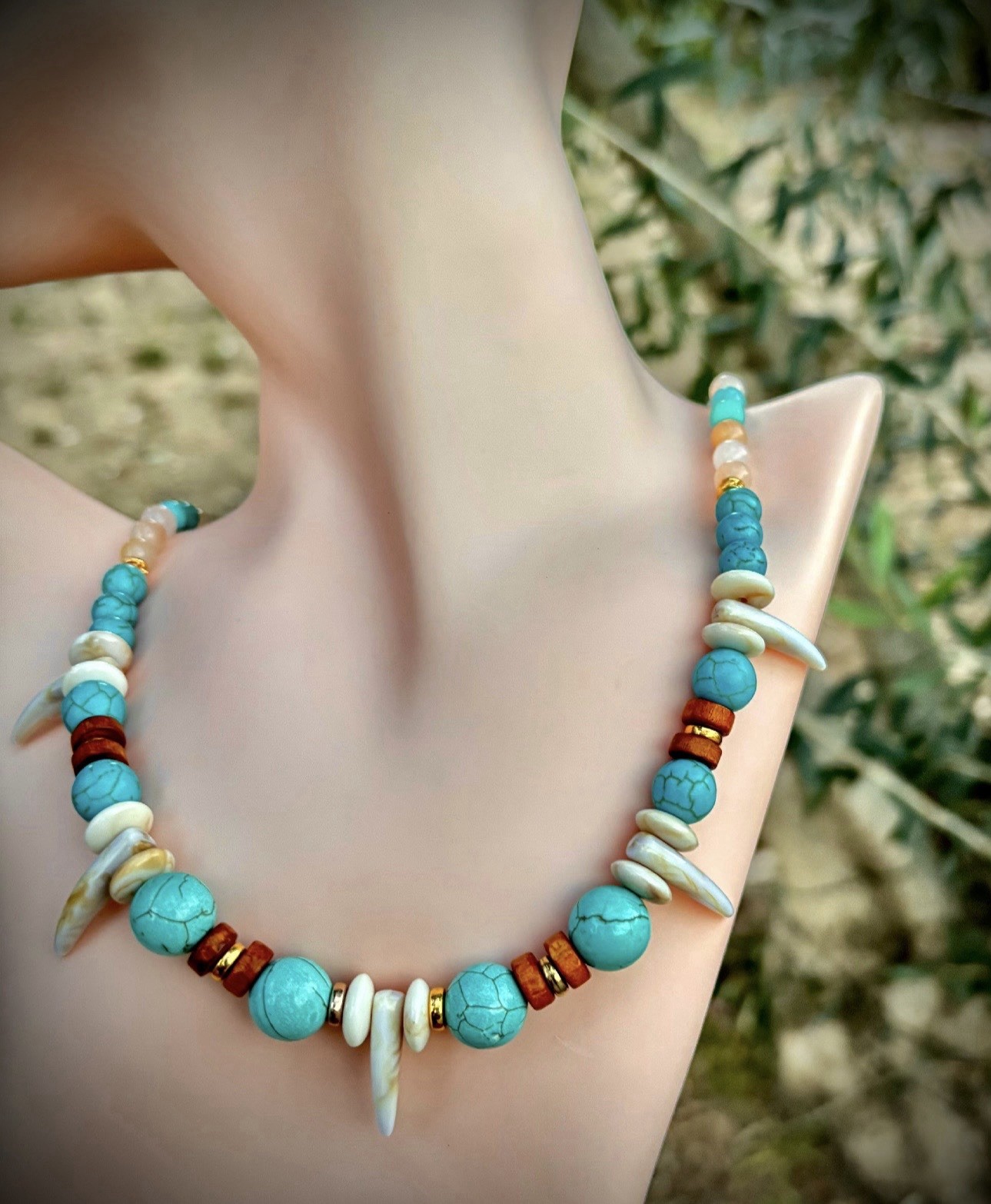 Turquoise & Shell Beaded Necklace, Blue/White/Brown, Lobster Clasp