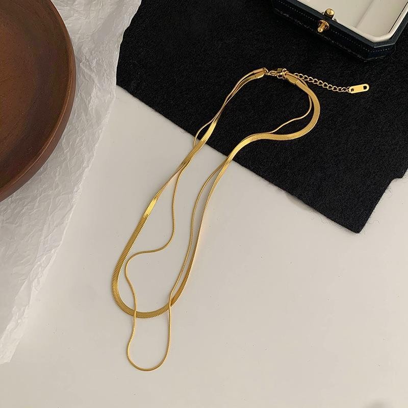Woman Gold Silver Stainless Steel 2 Layers Snake Herringbone Chain Necklace PE6