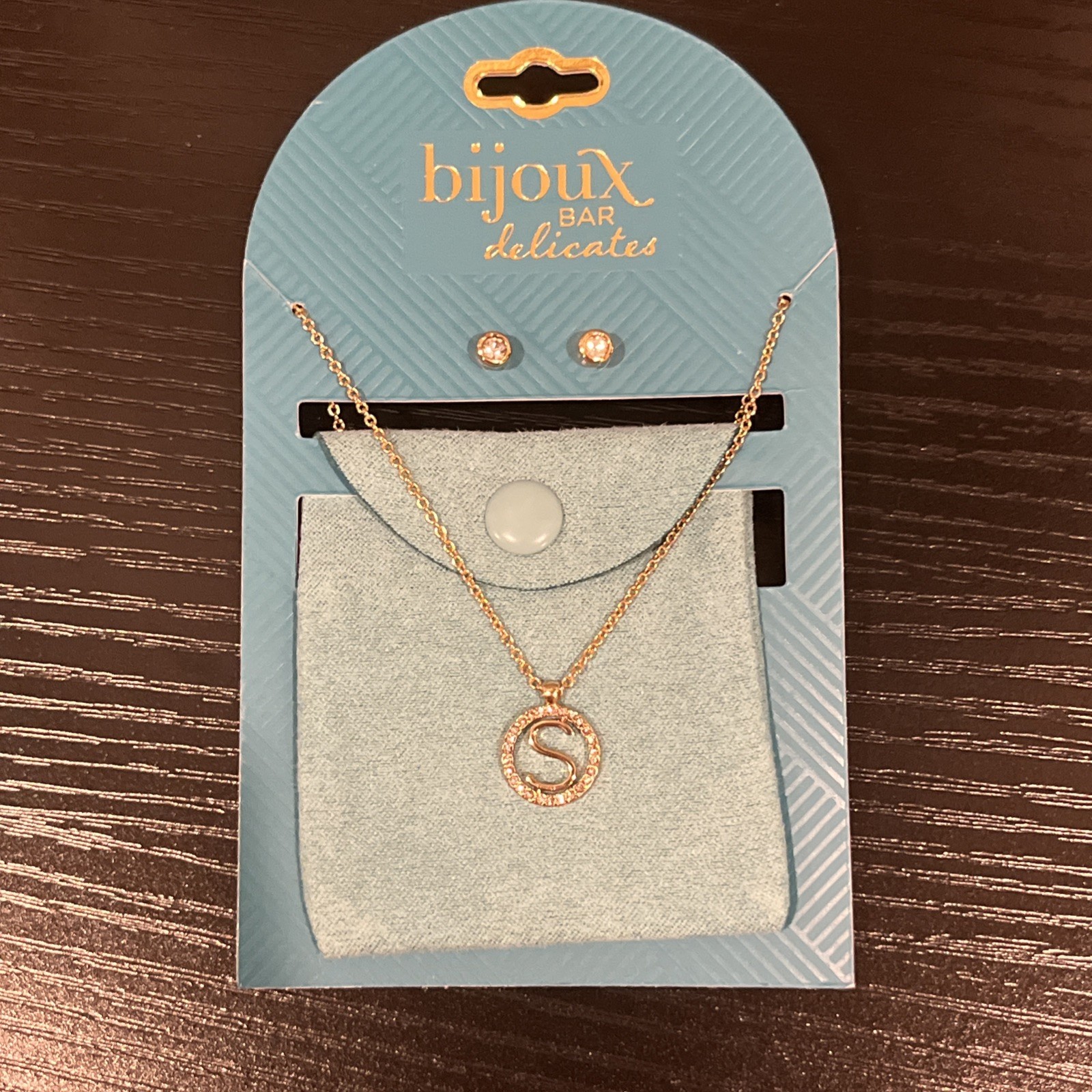 NWT Bijoux Bar Delicates GoldTone Necklace & Stud Earring Set w/Pouch Letter S