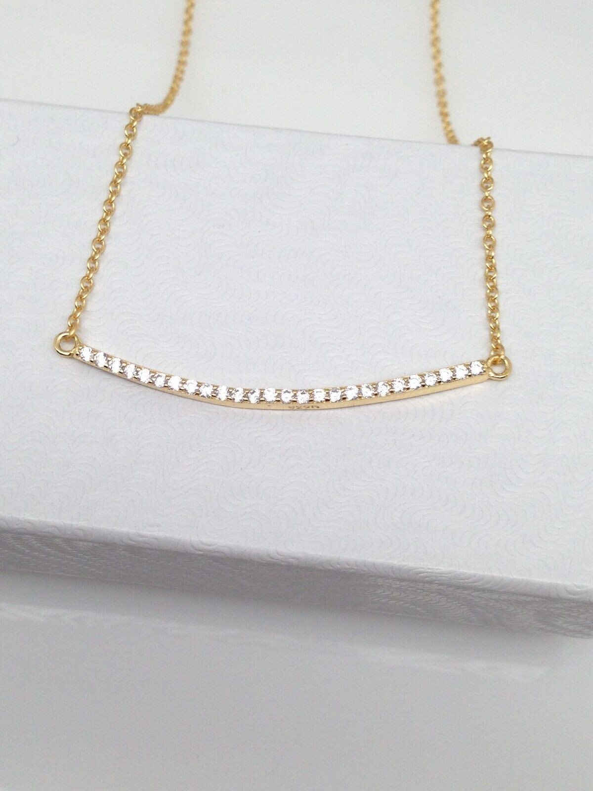 925 Sterling Silver CZ Curved Bar Pendant Necklace Sideways Gold Bar 35mm/1.38″