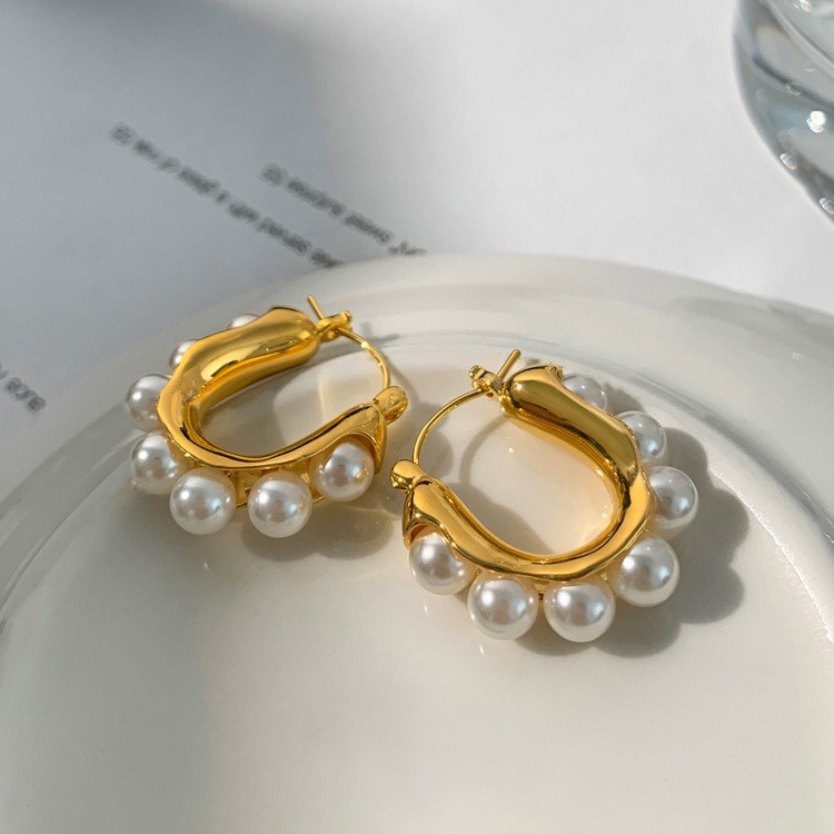 Fashion Woman 14K Gold Plated Pearl Earring Clip Hoop Huggie Ear Drop Dangle