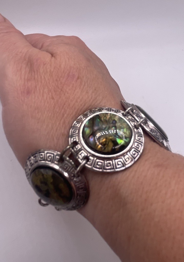 Vintage Silver Tone Abalone Shell Greek Key Link Bracelet Boho Hippie Jewelry 8”