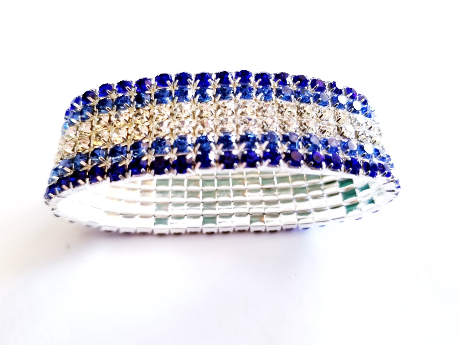 Blue Silver Rhinestone Stretch Bracelet Crystal Pageant Prom Drag Jewelry