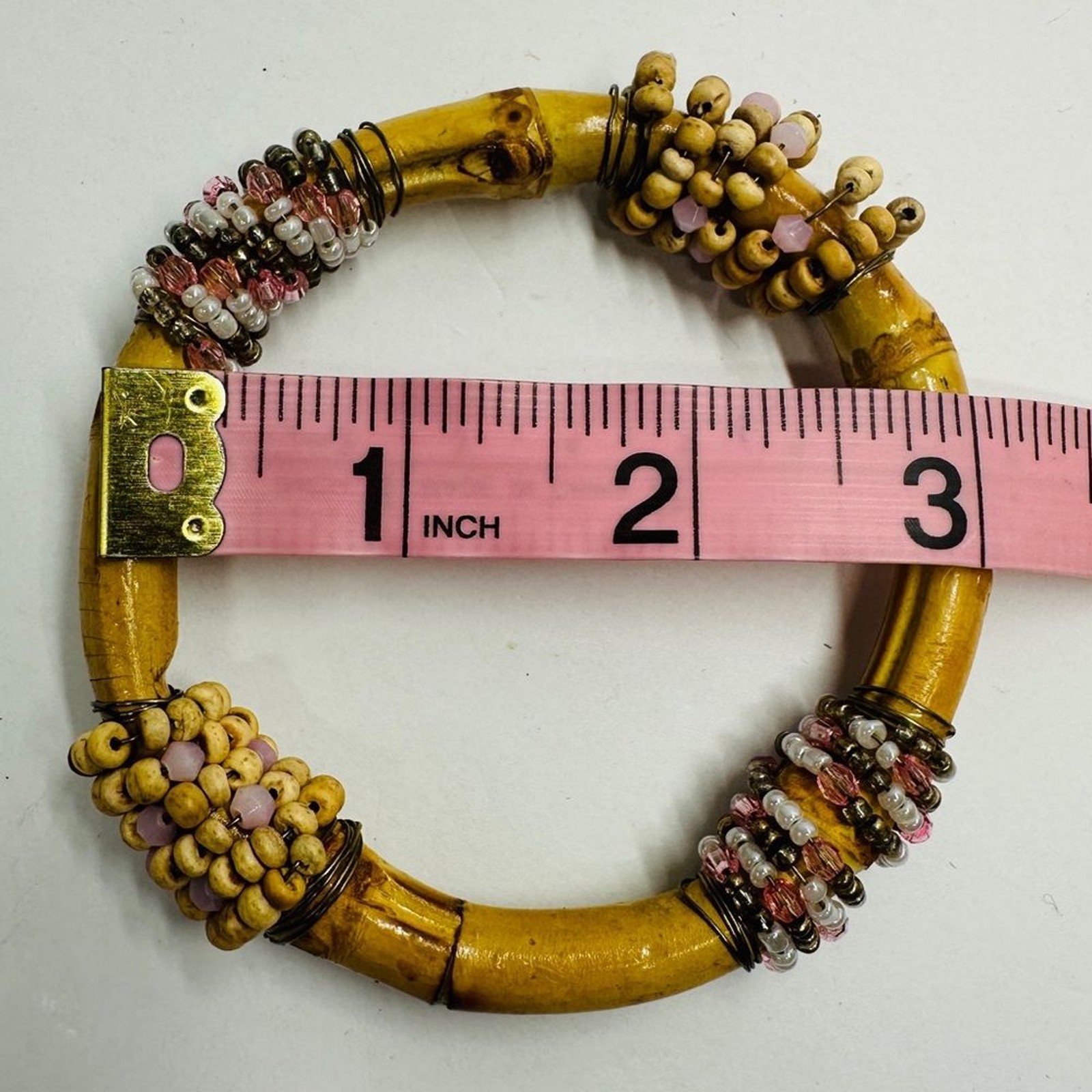 Two Vintage Hand Crafted Bamboo Bangle Bracelets With Pink White & Tan Beads
