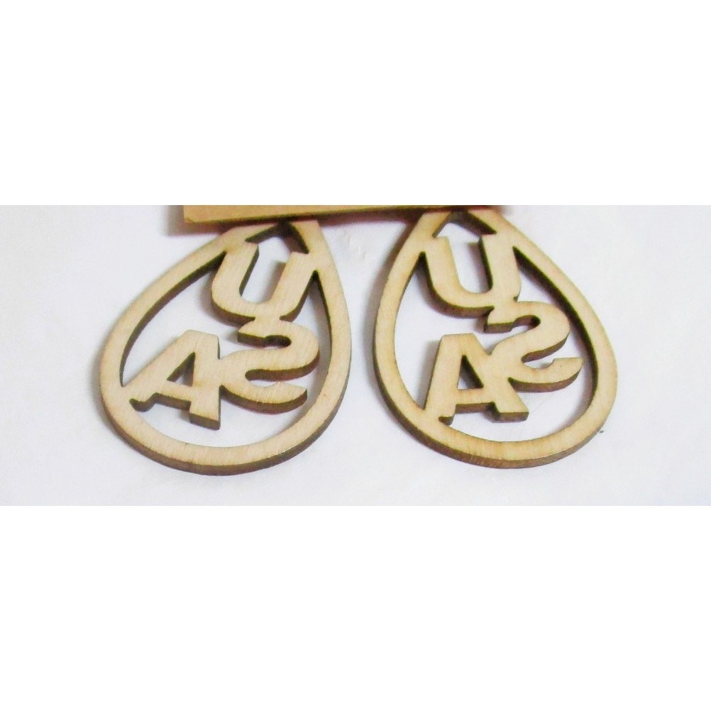 USA Teardrop Wooden Earrings Pierced Ears Patriotic Cutout Design Lightweight 2″