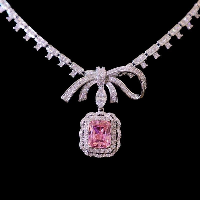 Silver vintage Tone Pink Diamond Jewelry Set Necklace Drop Earrings for Women
