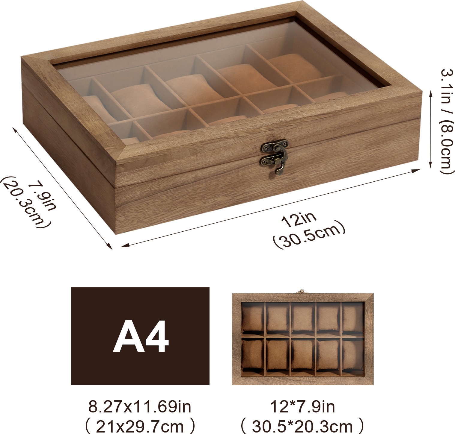 10 Slots Watch Box Wooden Jewelry Organizer Display Case with Glass Lid Gift