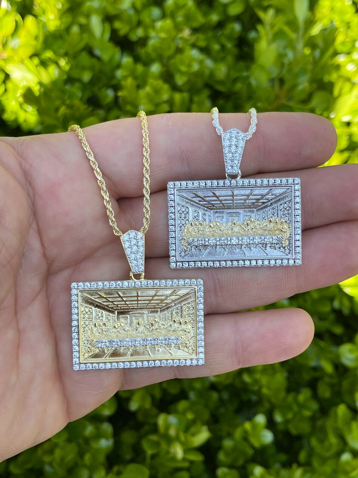 Solid 925 Silver Gold Plated Iced Jesus Last Supper Pendant Italy Necklace CZ