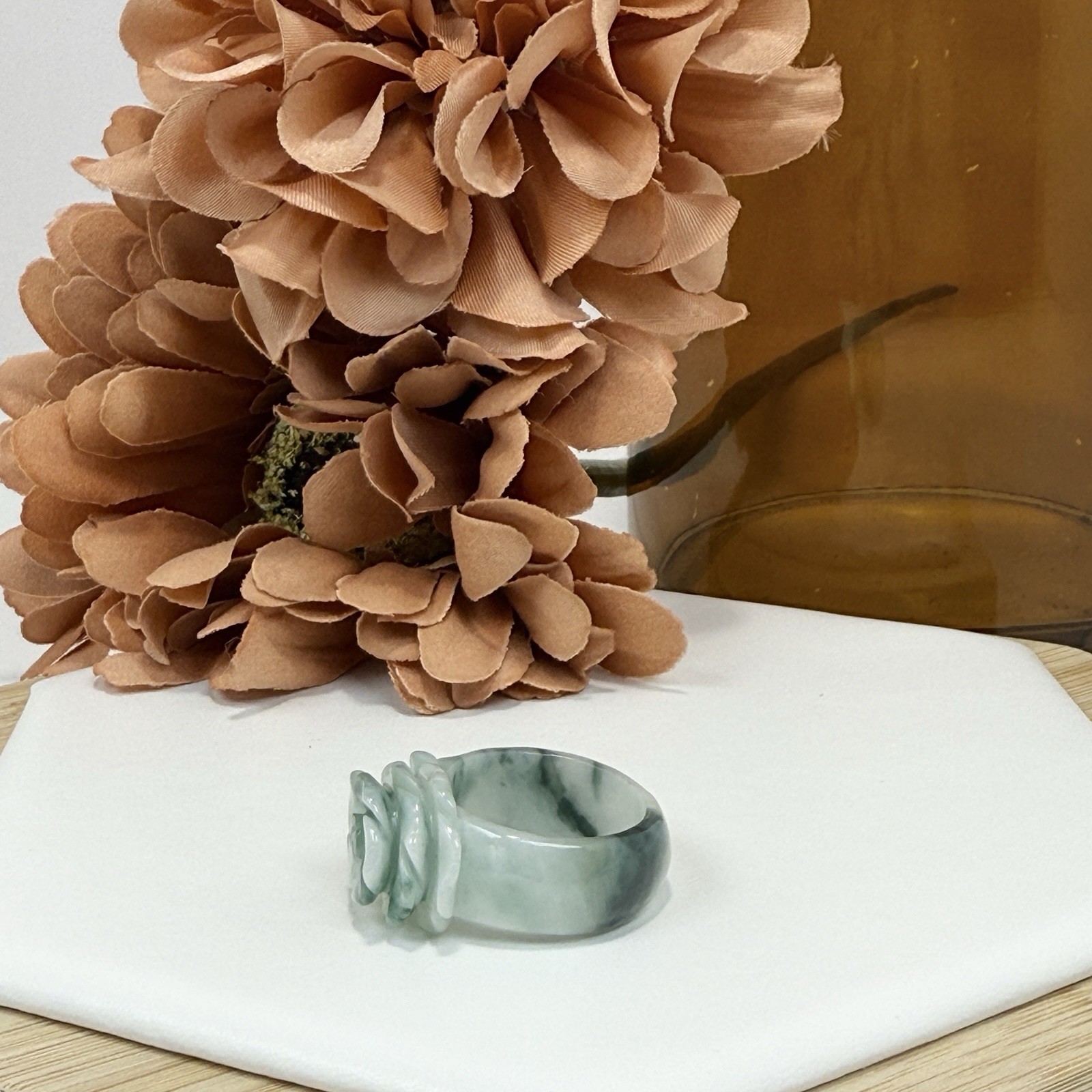 Jadeite Flower Carved Ring Size 9 1/4 Width 9.2MM