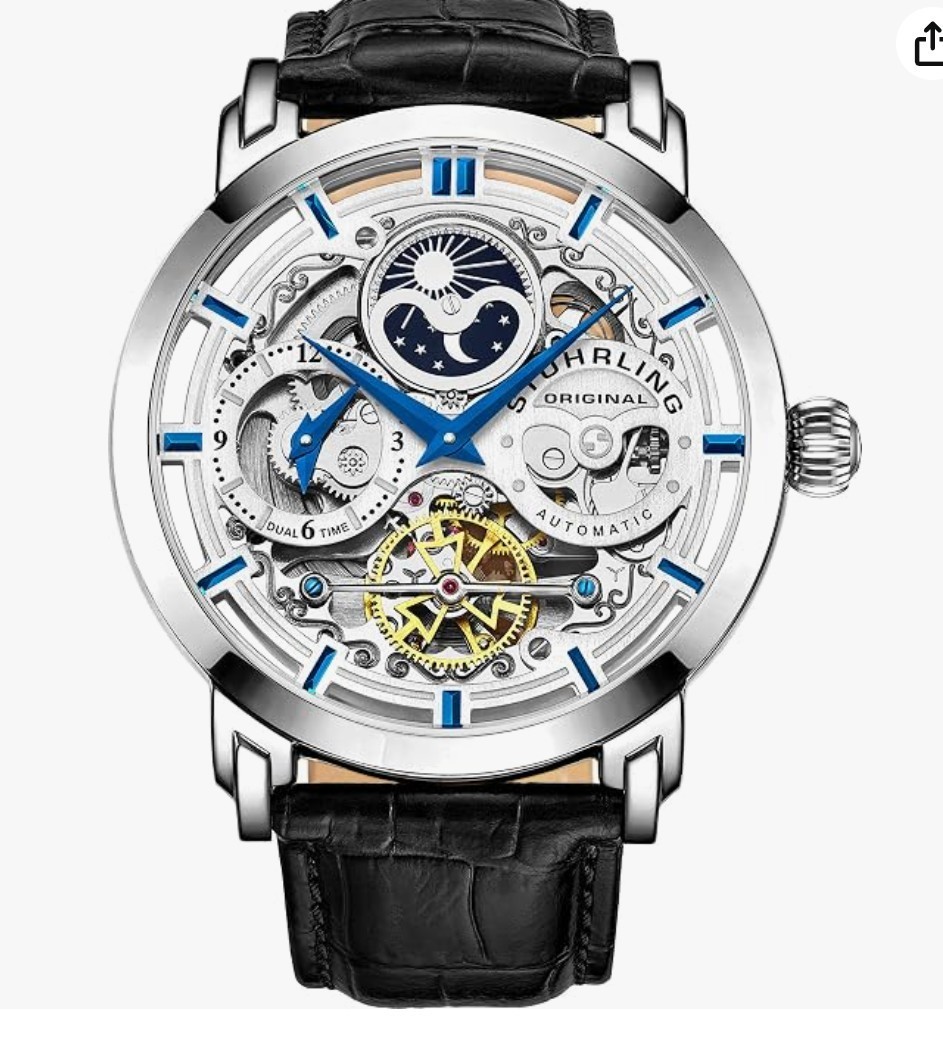 Stuhrling Original 42mm Silver Stainless Steel Case with Black Leather Band…