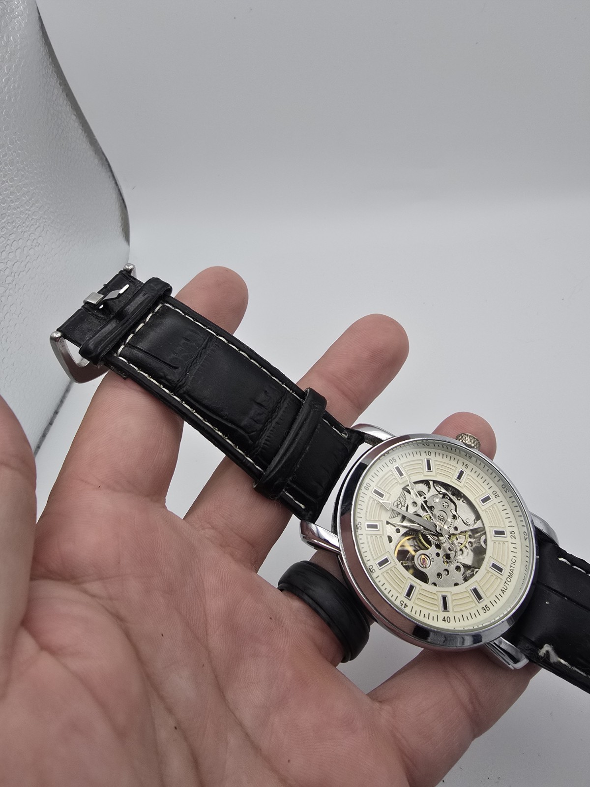 Automatic Skeleton Dial Watch Silver Tone SS Case Black Leather Strap Exhb Cbk