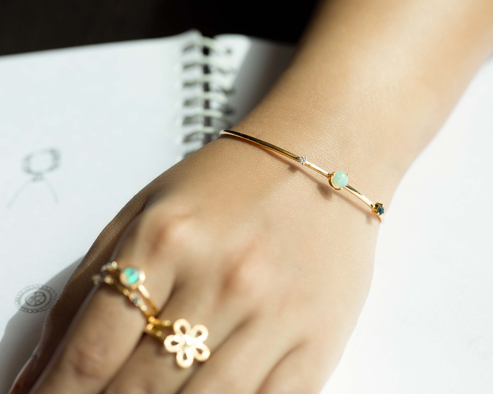 14K Gold Diamond & Blue Sapphire Open Cuff Bracelet, Customizable Center Stone