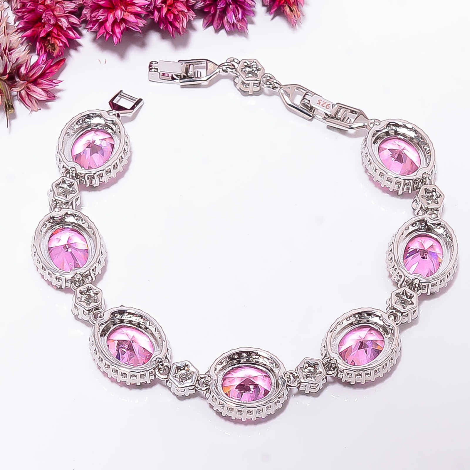 Pink Sapphire -Simulated, CZ 925 Sterling Silver Adjustable Bracelet 7-8″ B3242