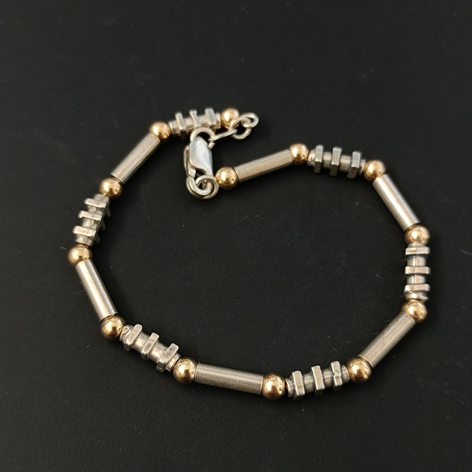 Sterling Silver 14K Gold Bracelet Modernist Tube Bead Geometric Artisan Vintage