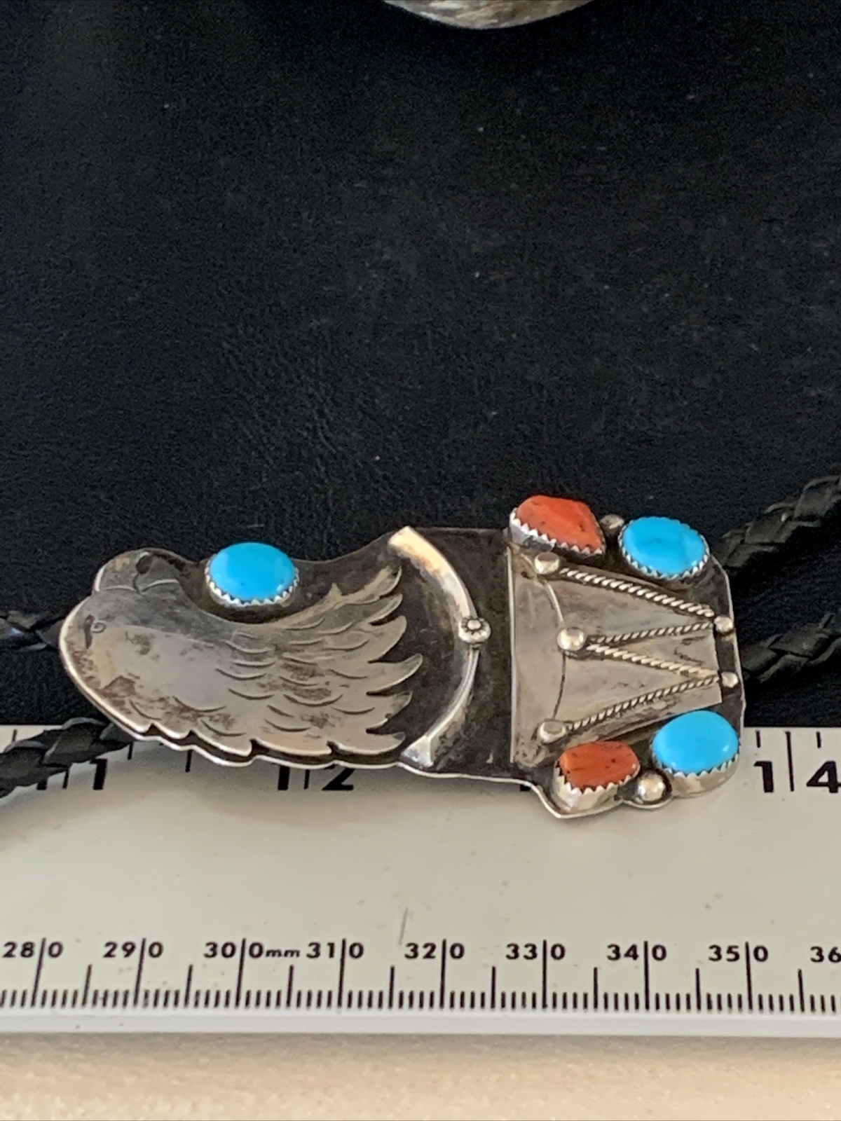 Eagle Head Bolo Tie Mens Blue Kingman Turquoise Coral Sterling Navajo 13670