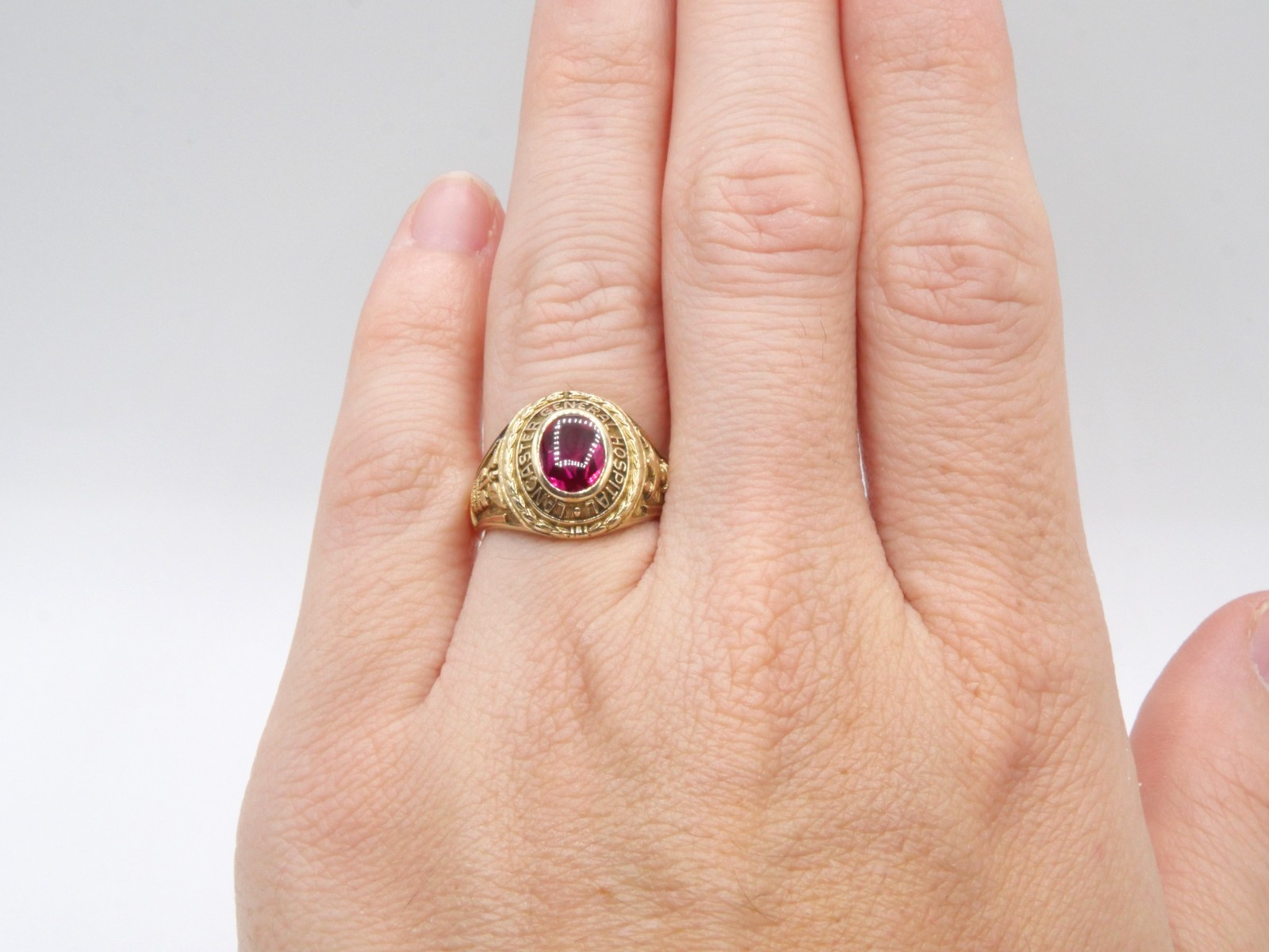 Antique 1931 10K Gold Lab Created Flame Fusion Ruby, Lancaster Hospital Ring