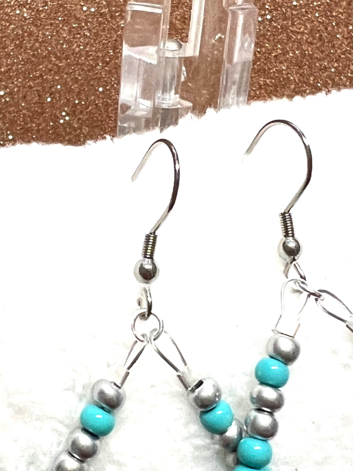 Shiny Silver Seed Bead Teardrop Hypo Earrings W Turquoise Roundelle Beads 3.5 In