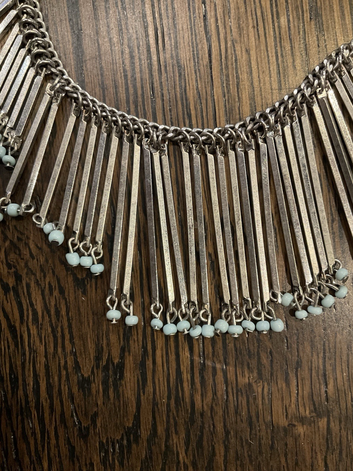 Statement Costume Silver Tone Metal Fringe Waterfall Beads Boho Necklace