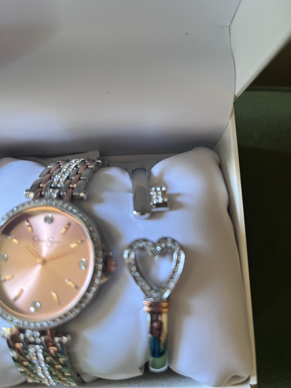 Jessica Simpson Watch Silver & Rose Gold Tone Key Heart Bangle Bracelet Set NEW