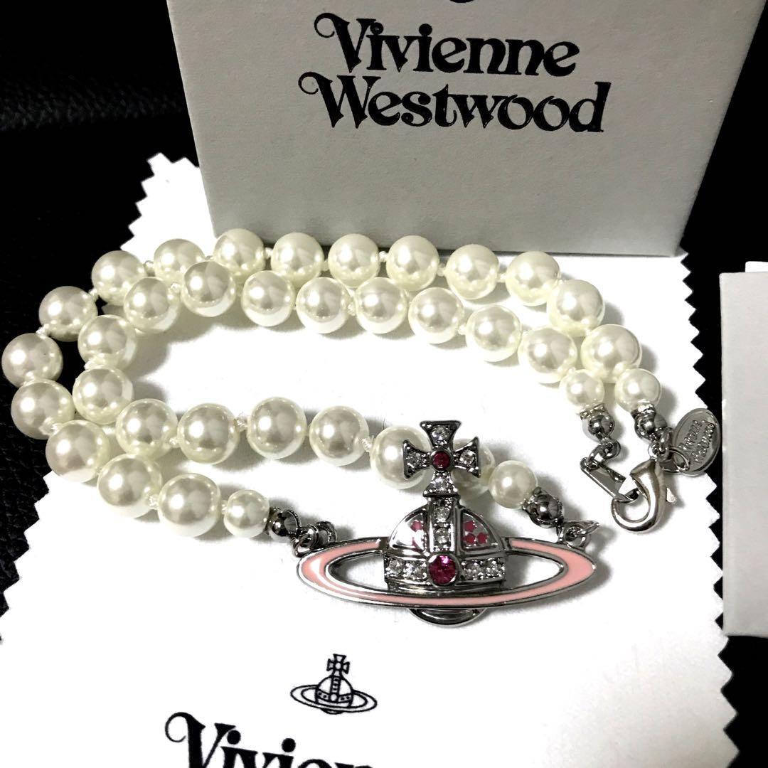 Vivienne Necklace Pearl Choker Bas Relief Orb Silver Pink IN BOX