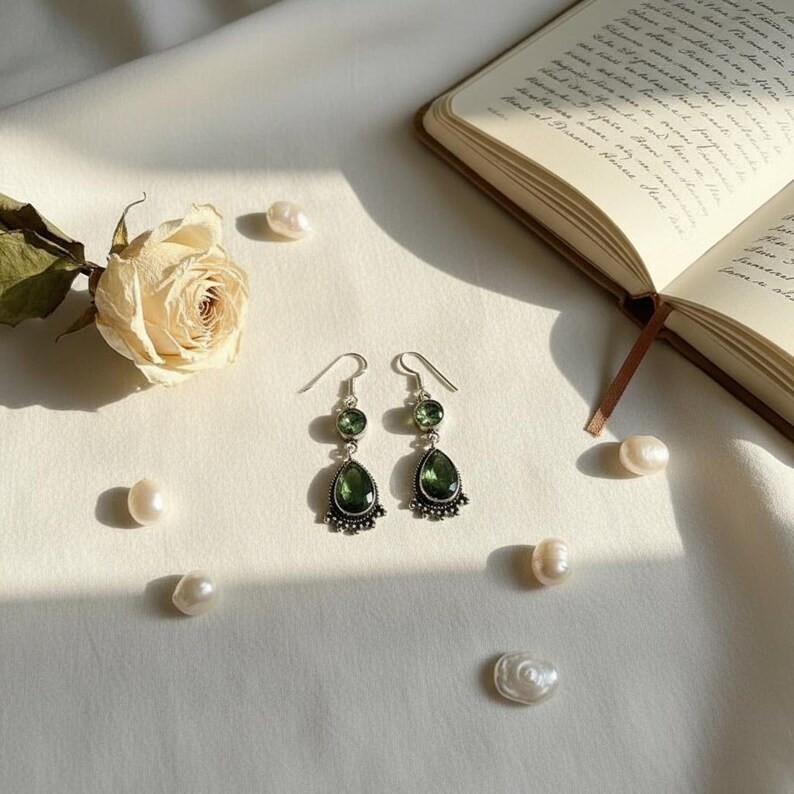 Handmade Peridot Dangle Earrings Antique Silver Teardrop Gemstone Jewelry
