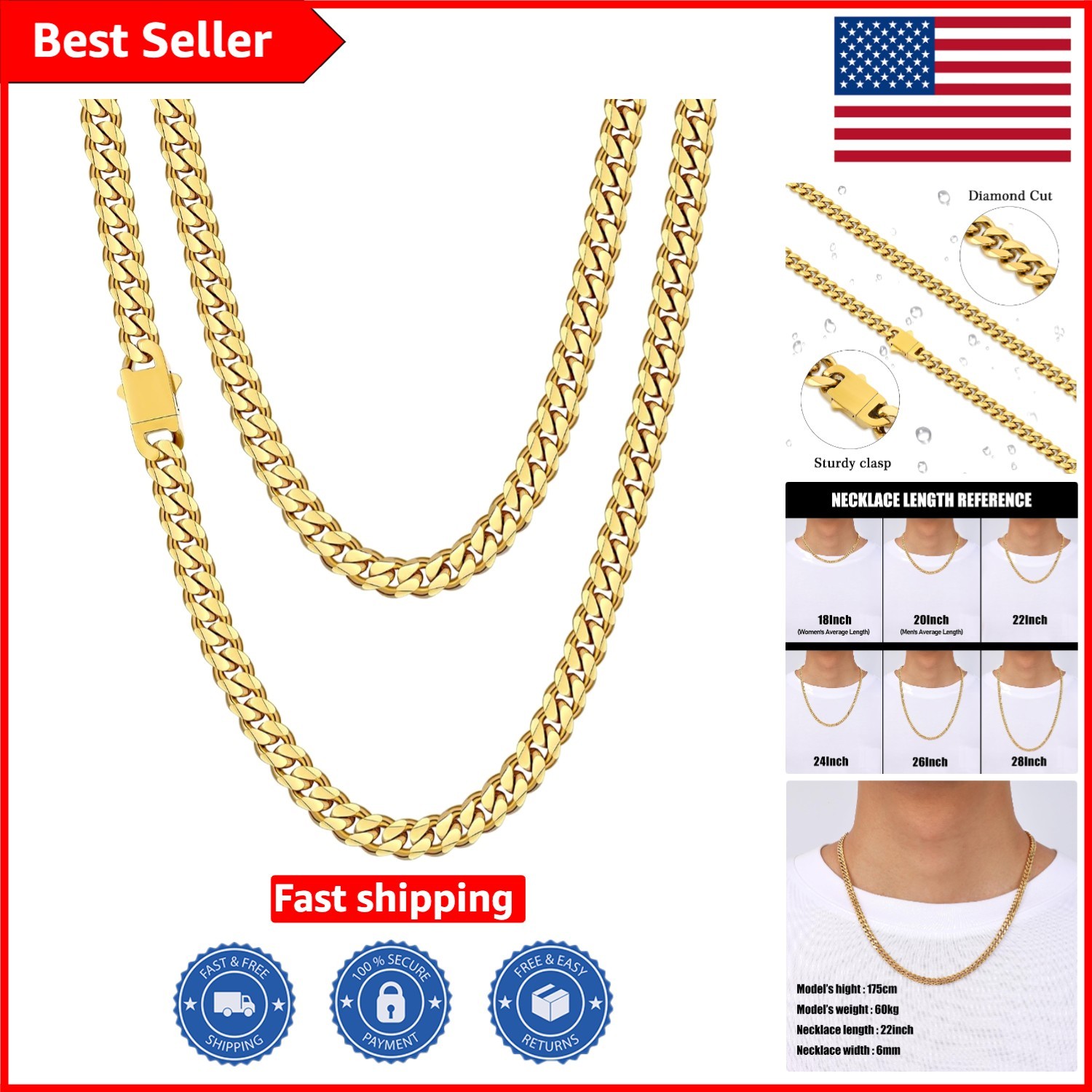 Elegant 14K Gold Plated Stainless Steel Cuban Chain for Men – 24-28 Inch