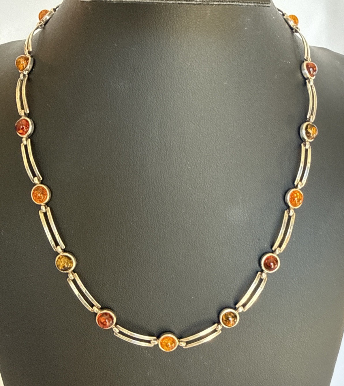 Sterling Silver Multi Color Amber Station Necklace 925 Baltic Amber Bezel Set
