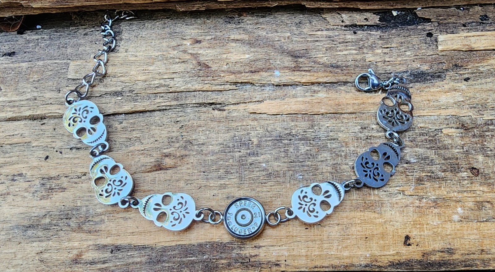 Stainless Steel Bracelet with Sugar Skulls and 9 mm bullet. Optional Color