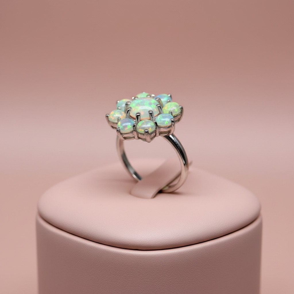 Ethiopian Opal Cluster Flower Ring 925 Sterling Silver Handmade Jewelry