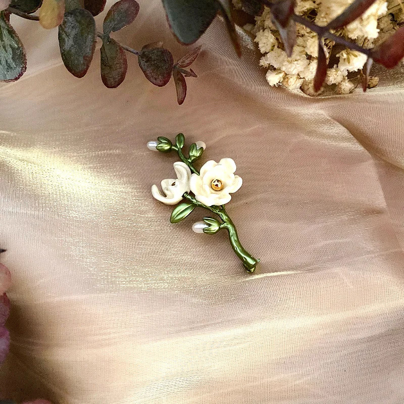 Green Color Plant Pearls Pin Tree Lotus Leaf Blueberry Cherry Flower Brooch