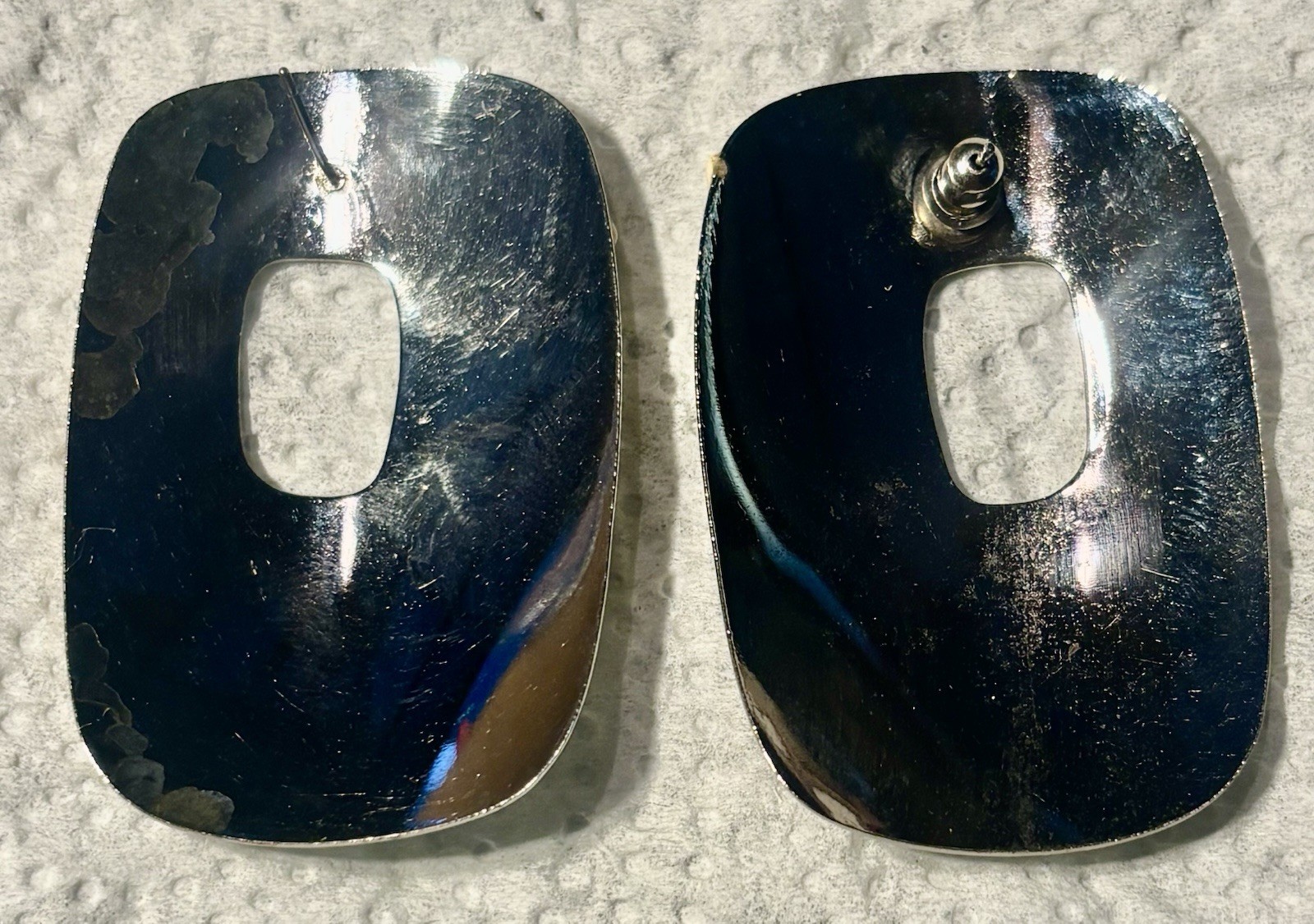 Ivory & Black Enamel Rectangle Cutout Stud Earrings Silver Tone Butterfly