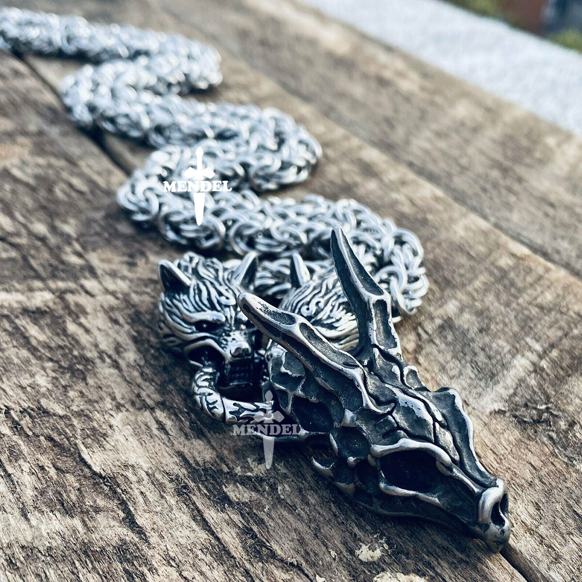 MENDEL Mens Stainless Steel Heavy Wolf Dragon Skull Pendant Necklace Vintage Men