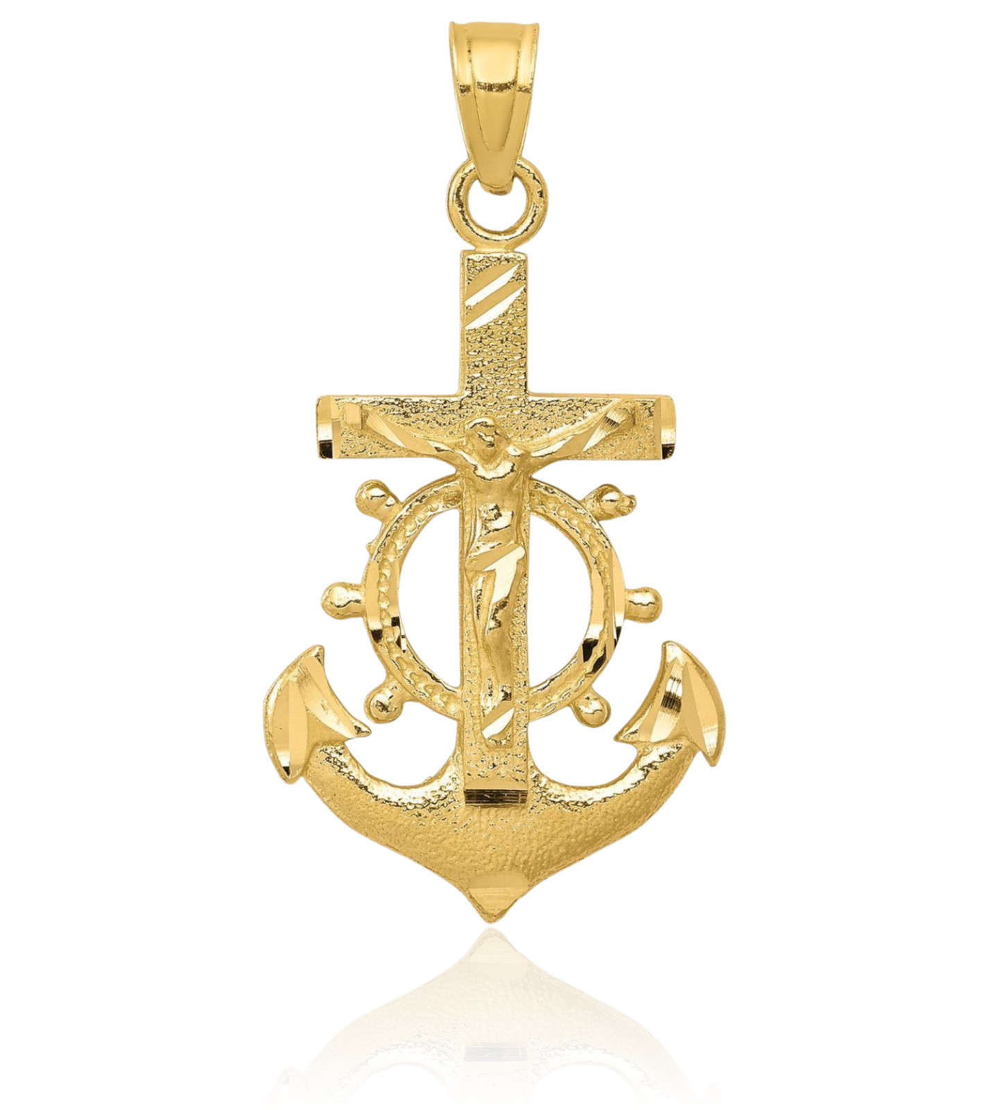 10K Solid Yellow Gold Large Mariner Anchor Ships Wheel Jesus Crucifix Cross