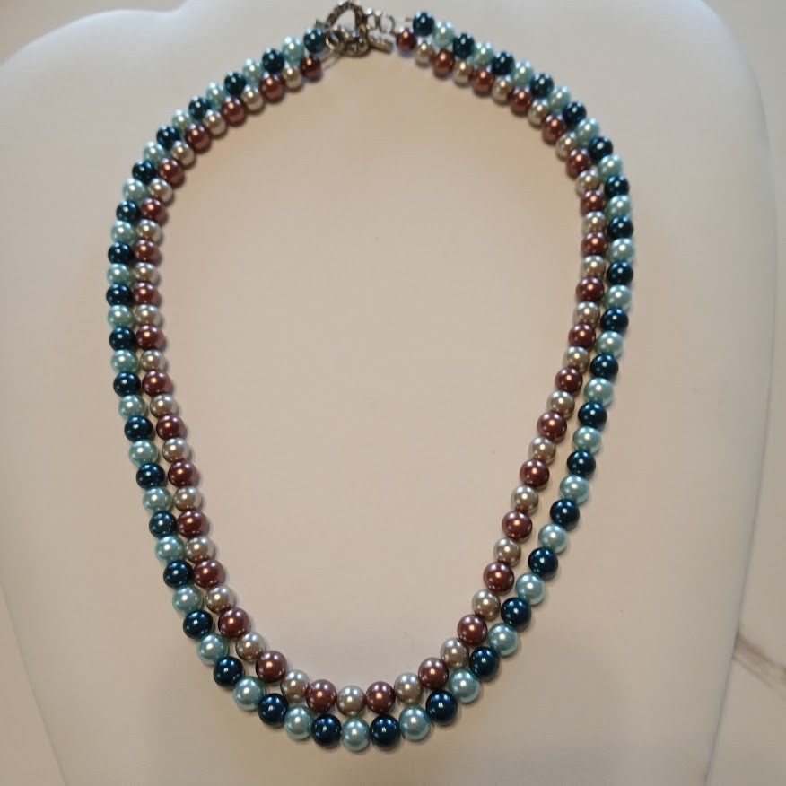 VTG 20″HONARA Double Strand Glass/Shell Pearls Teal Mauve Champagne Heart Toggle