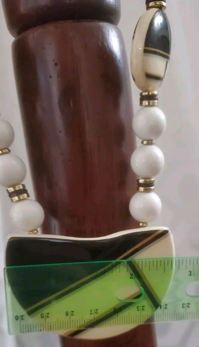Black Cream White Gold Ceramic Enamel Long Bold Necklace 34″ Vintage