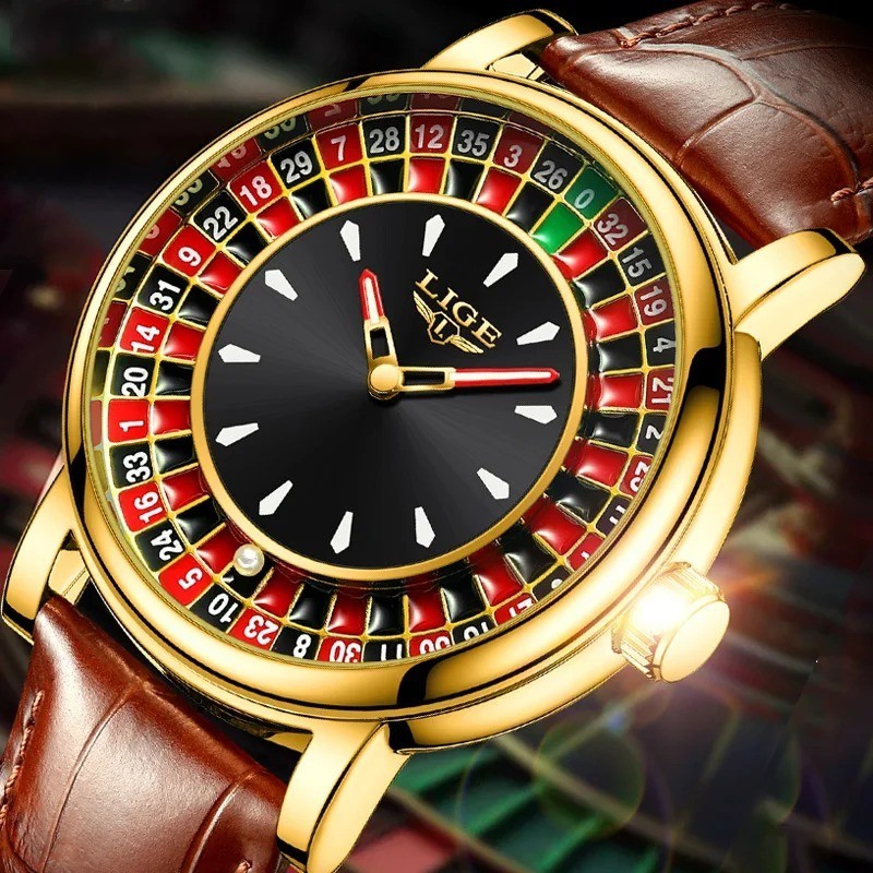 LIGE Men’s Roulette Casino Quartz Watch 49mm Rotating Dial Luminous Waterproof