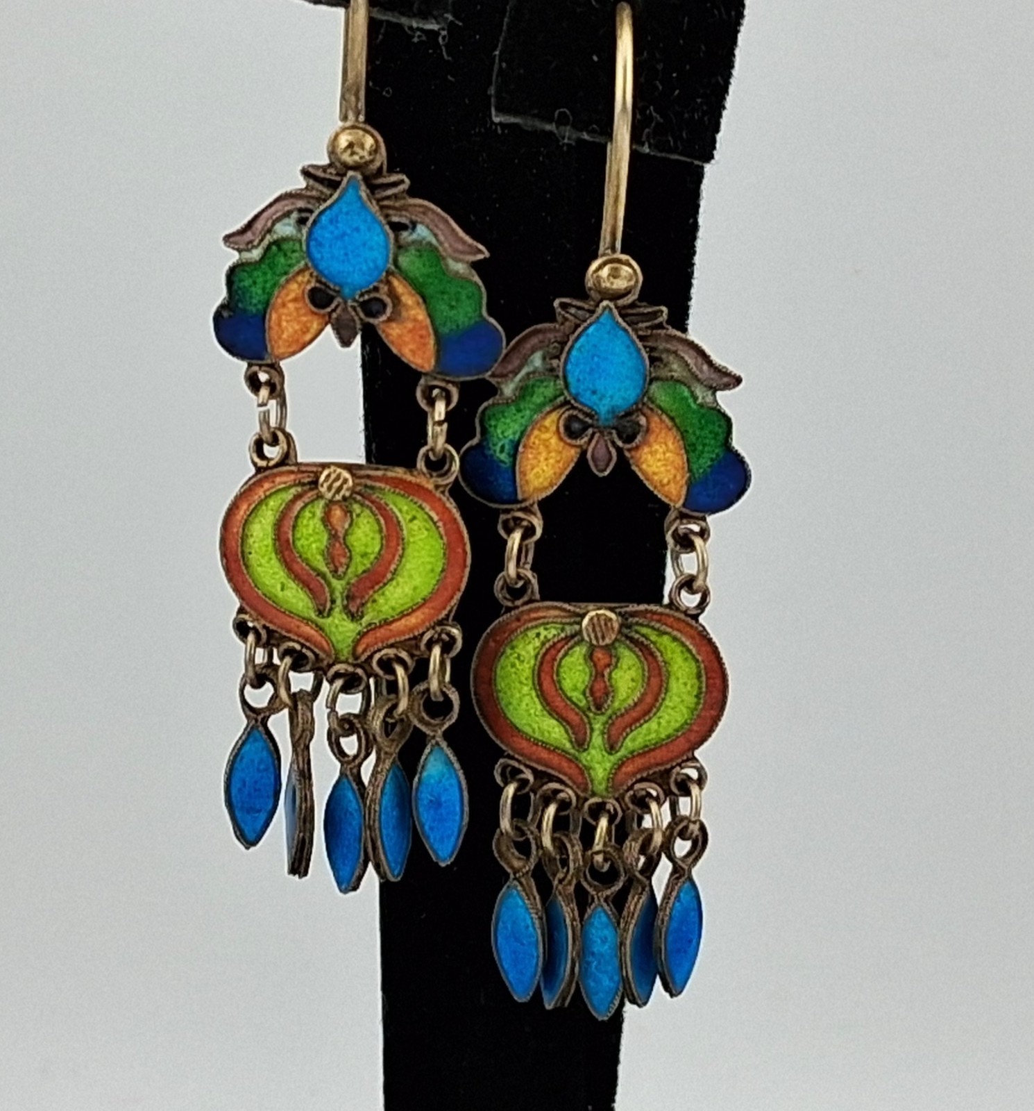 Fabulous! Pair Vintage Sterling Silver Gilt Enameled Chinese Export Earrings