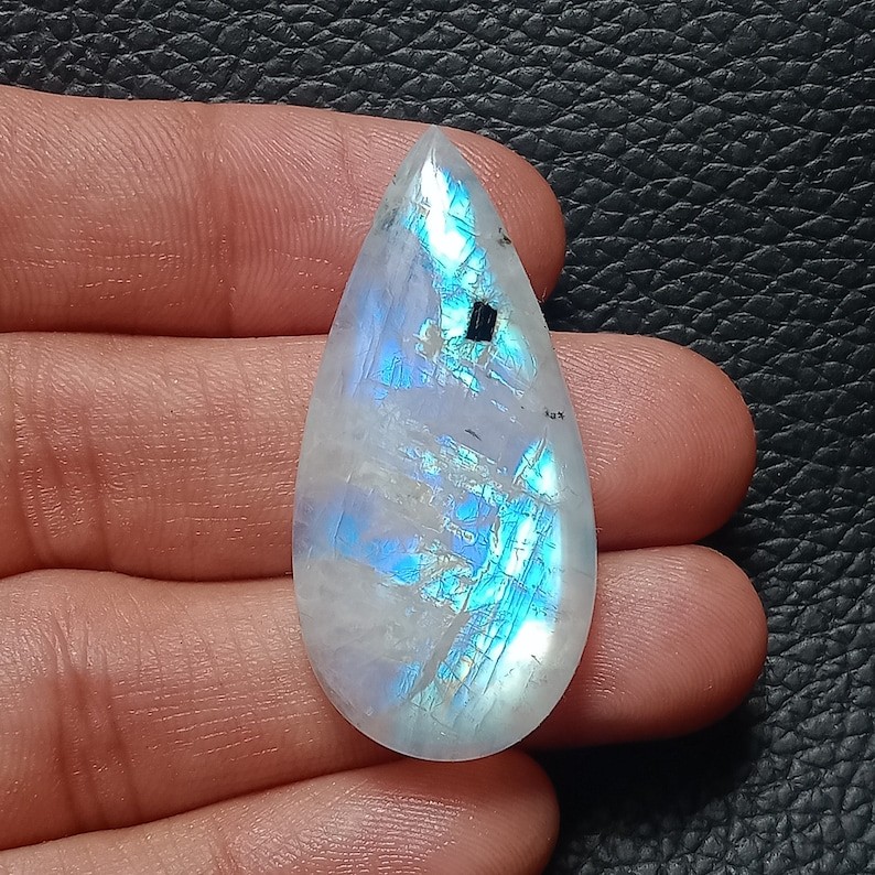 Rainbow Moonstone Cabochon with Black Tourmaline, Pear Gemstone, Big Size 45x21x