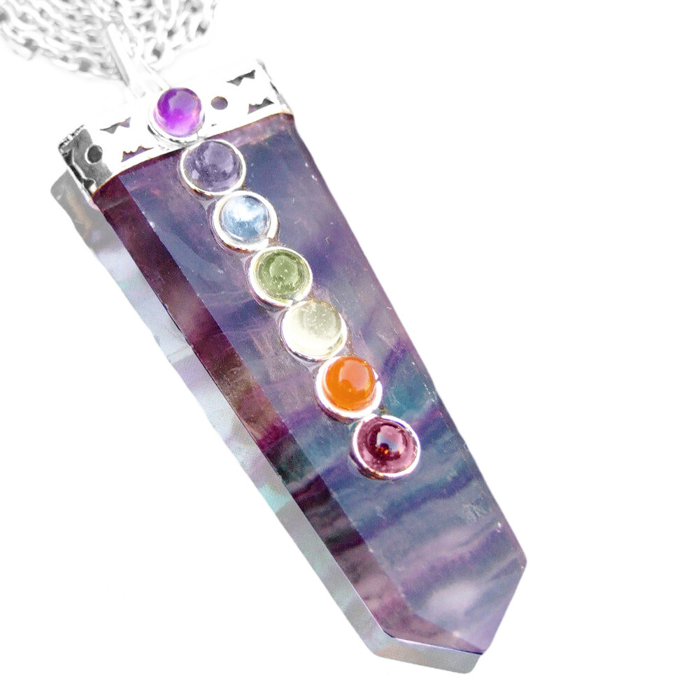 Rainbow FLUORITE 7 Chakra Pendant CHARGED Crystal Sterling Silver Necklace Reiki