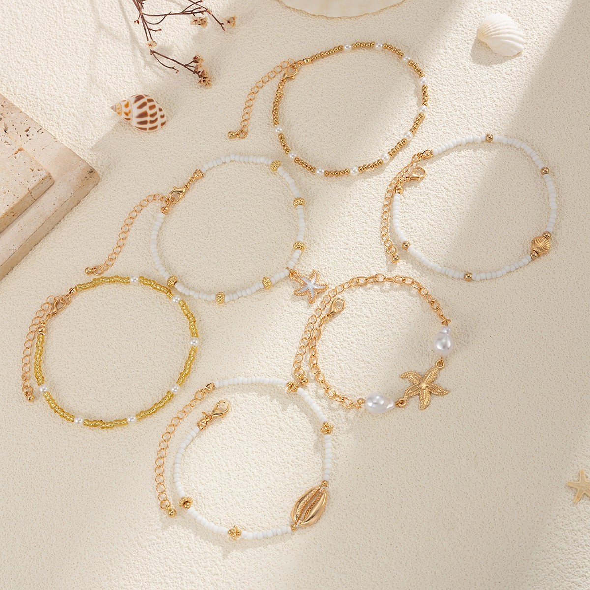 6pcs/Set Bohemian Style Gold Multi-Layered Anklets For Women Beach Ocean Theme