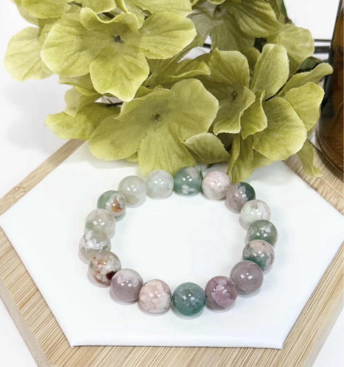 Flower Agate Green Bead Bracelet 12MM Item A