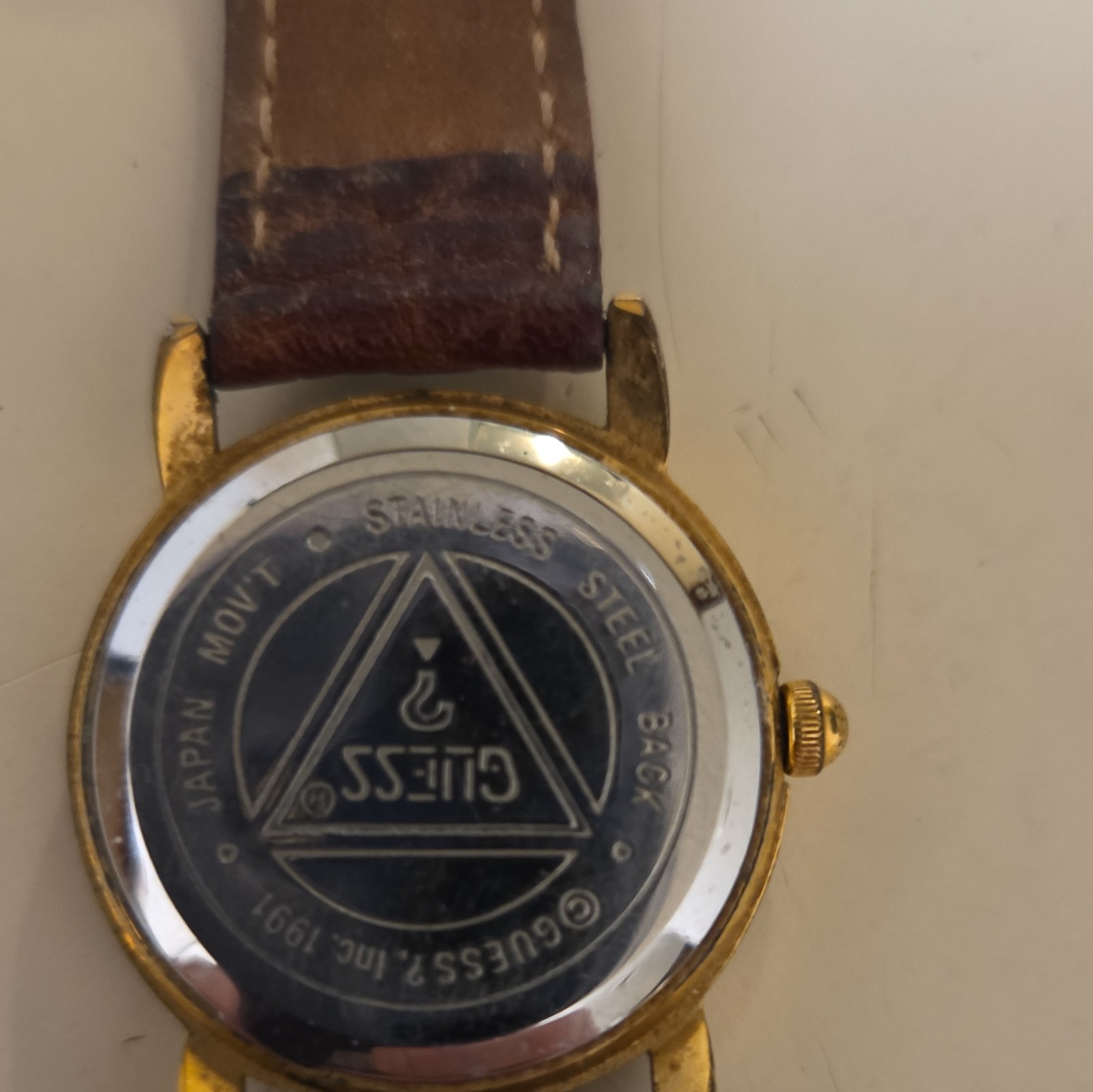 GUESS Women’s Quartz Analog Gold Tone Round Watch White Dial Brown Leather