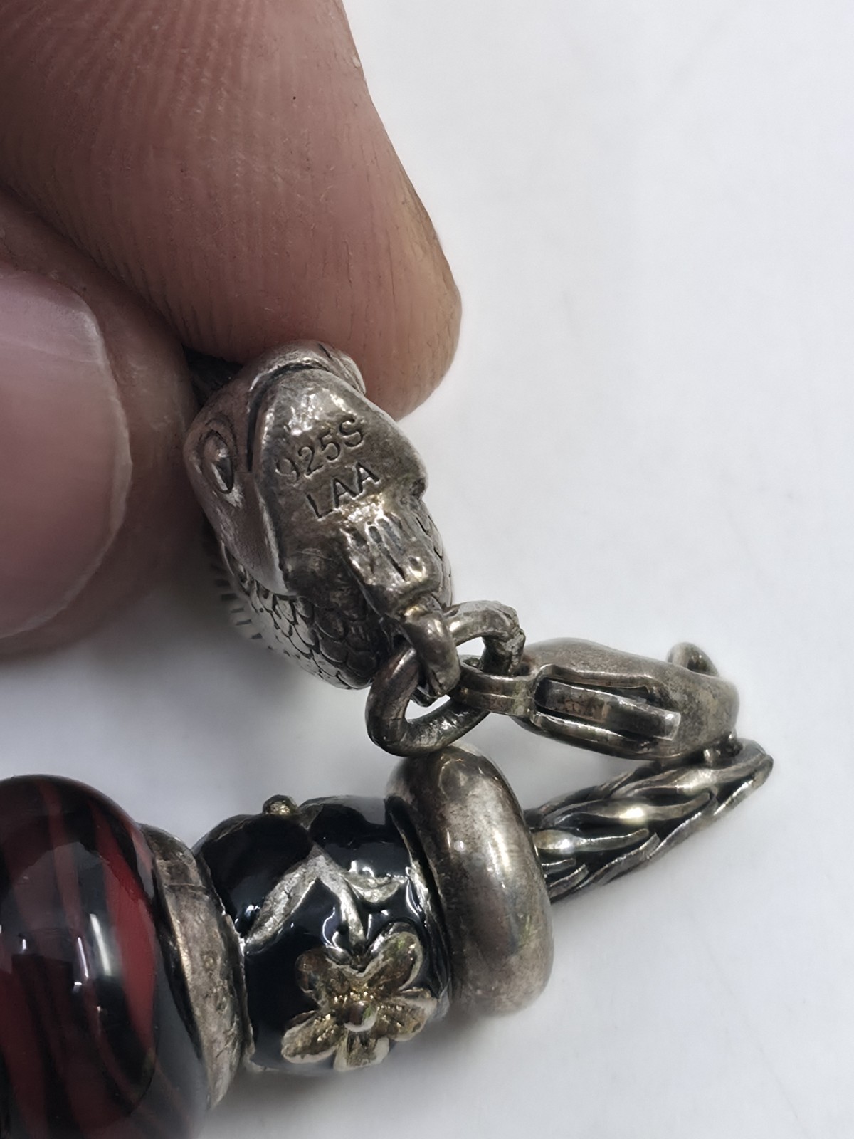 Trollbeads LAA 925 Silver Fish Lock Bracelet Murano Glass Red Cornicello Charm
